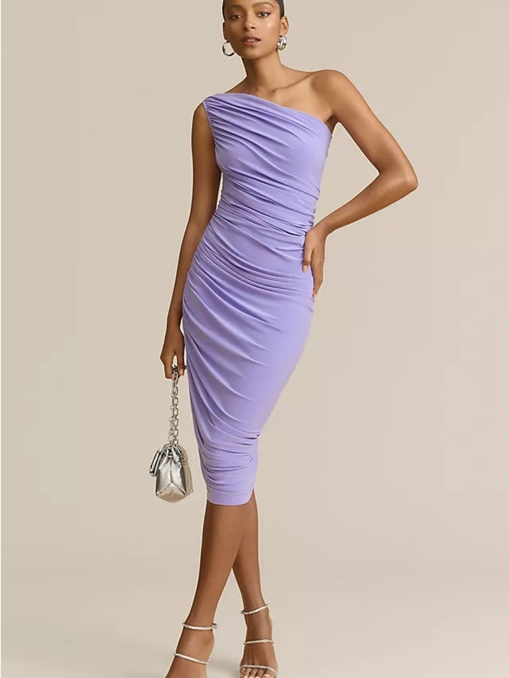 Norma Kamali Diana gown One-Shoulder Ruched Midi Dress in Lavender